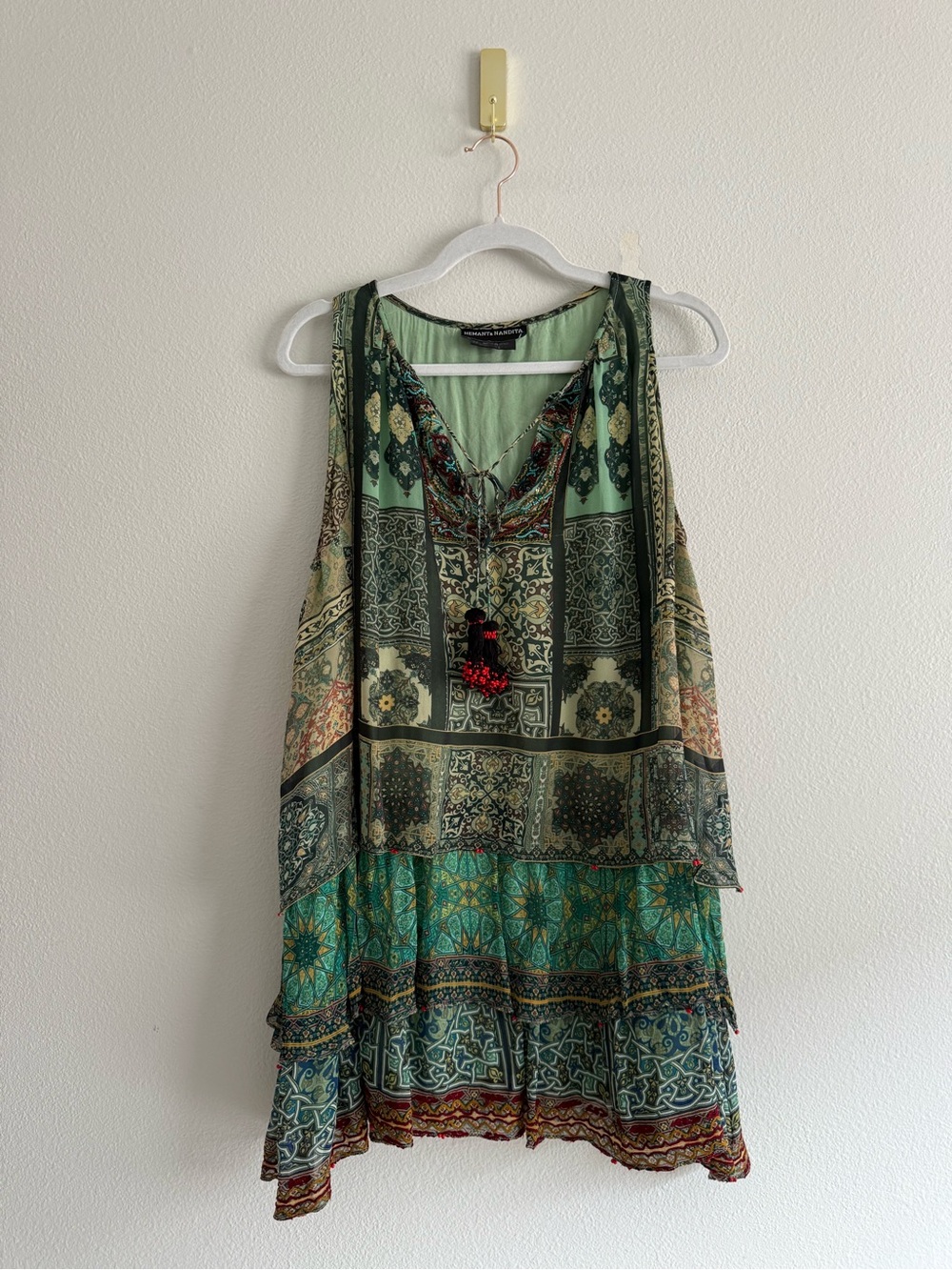 Hemant And Nandita silk green mixed print tieredmini dress Sz M